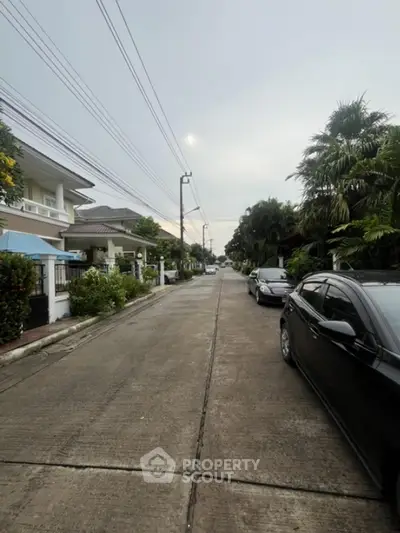 Charming suburban street view with modern houses and lush greenery