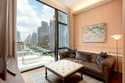 Luxurious living room with stunning city view and elegant decor
