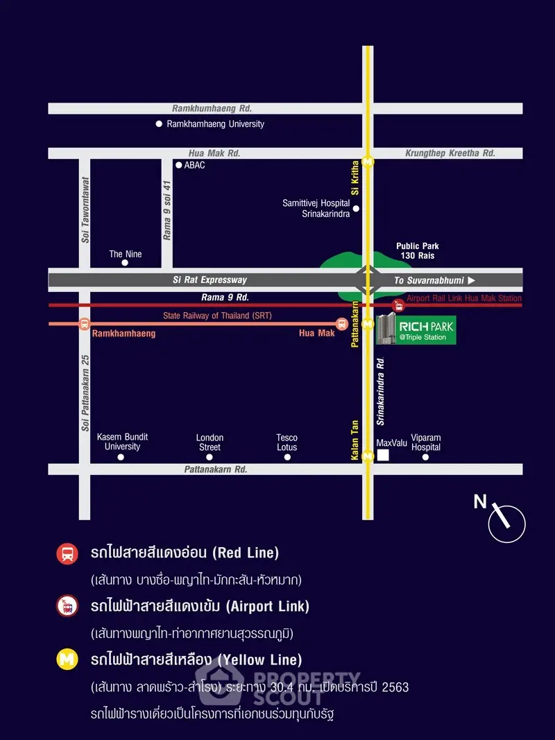 Map showing transportation lines near Bangkok's Hua Mak area with Red Line, Airport Link, and Yellow Line.