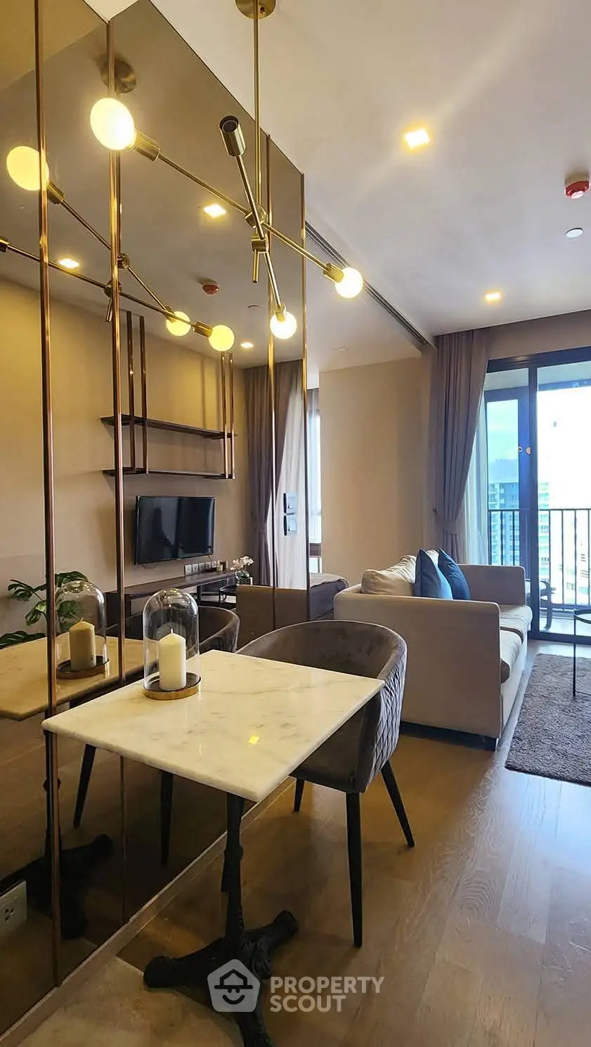 Modern living room with elegant decor and balcony view