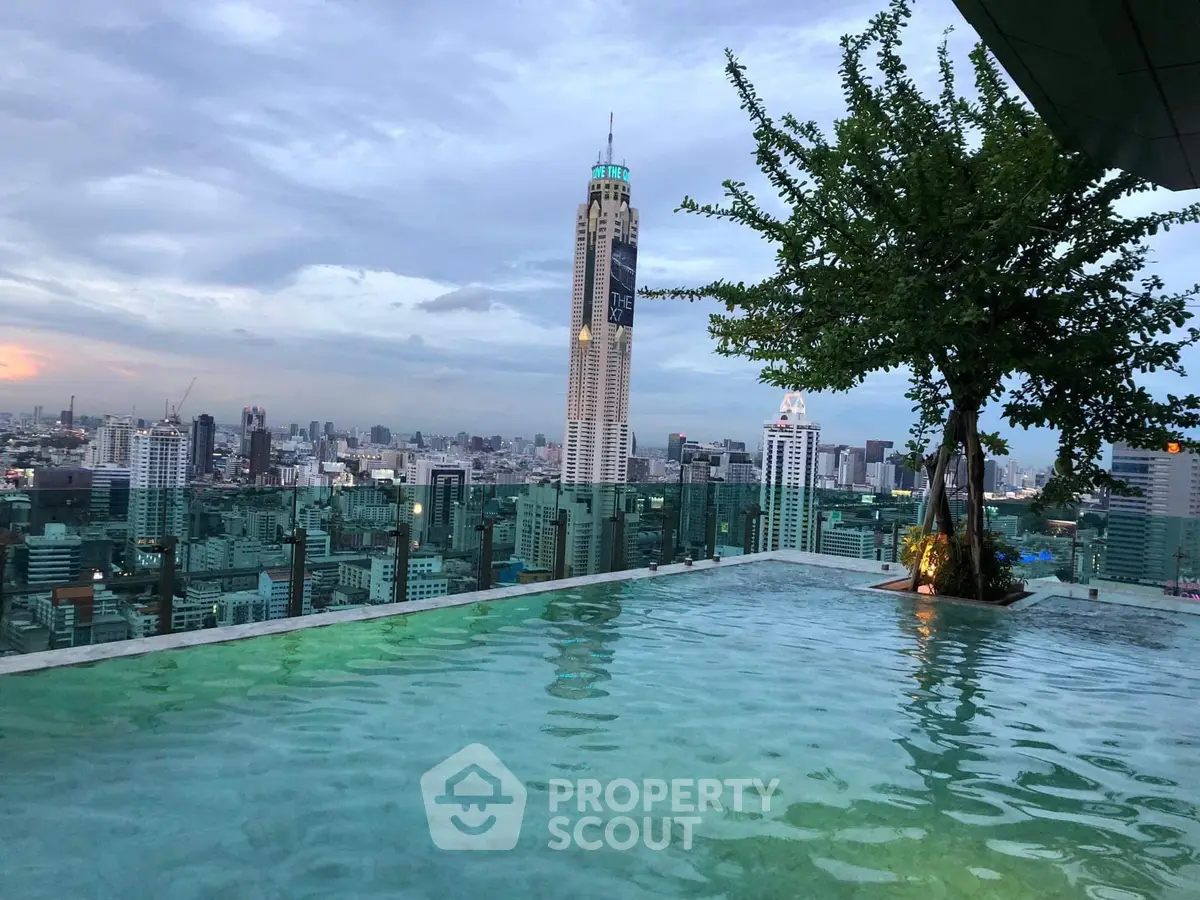 Stunning rooftop pool with panoramic city skyline view at sunset.