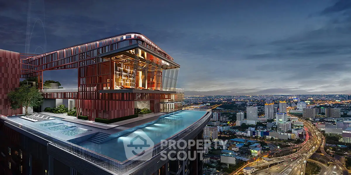 Luxurious rooftop pool with stunning city view at dusk