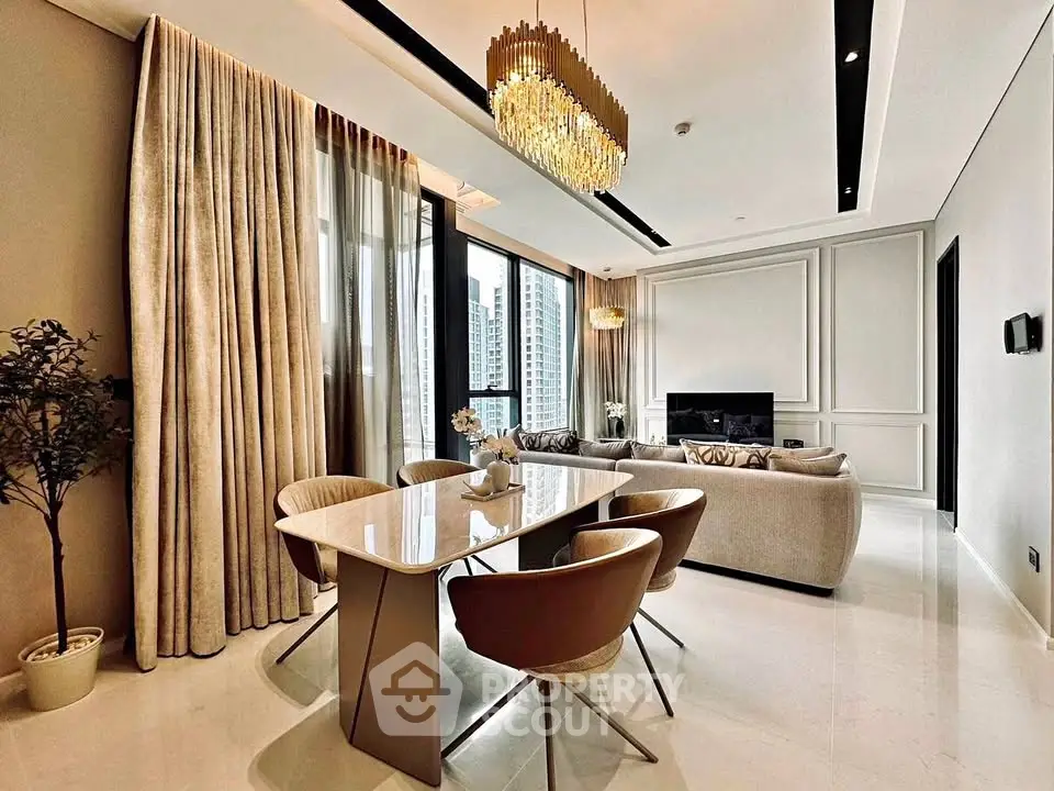 Luxurious modern living room with elegant dining area and city view, featuring chic lighting and plush furnishings.