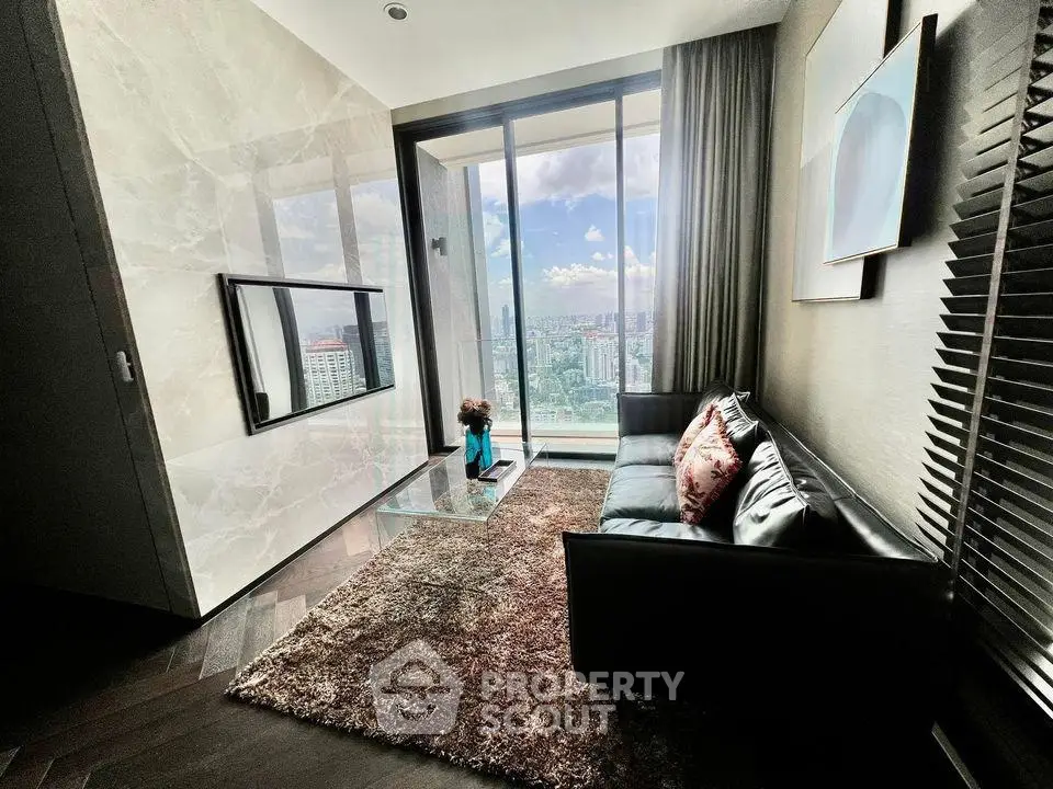 Luxurious living room with stunning city view, modern decor, and floor-to-ceiling windows.