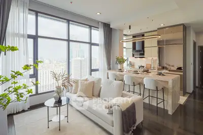 Luxurious modern living room with panoramic city views and elegant open kitchen design.
