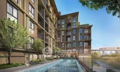 Modern apartment building with pool and lush greenery, ideal for urban living.