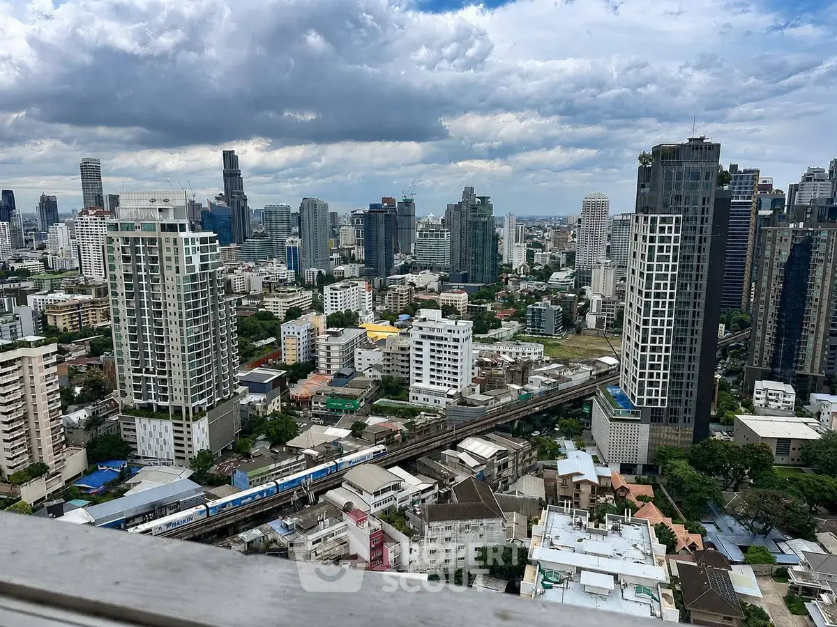 Stunning cityscape view showcasing modern skyscrapers and urban skyline under a dramatic cloudy sky.