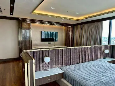 Luxurious modern bedroom with elegant decor and city view