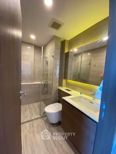 Modern bathroom with sleek design and glass shower enclosure