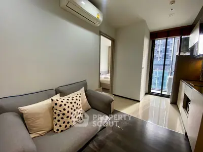 Modern apartment interior with cozy living room and balcony view