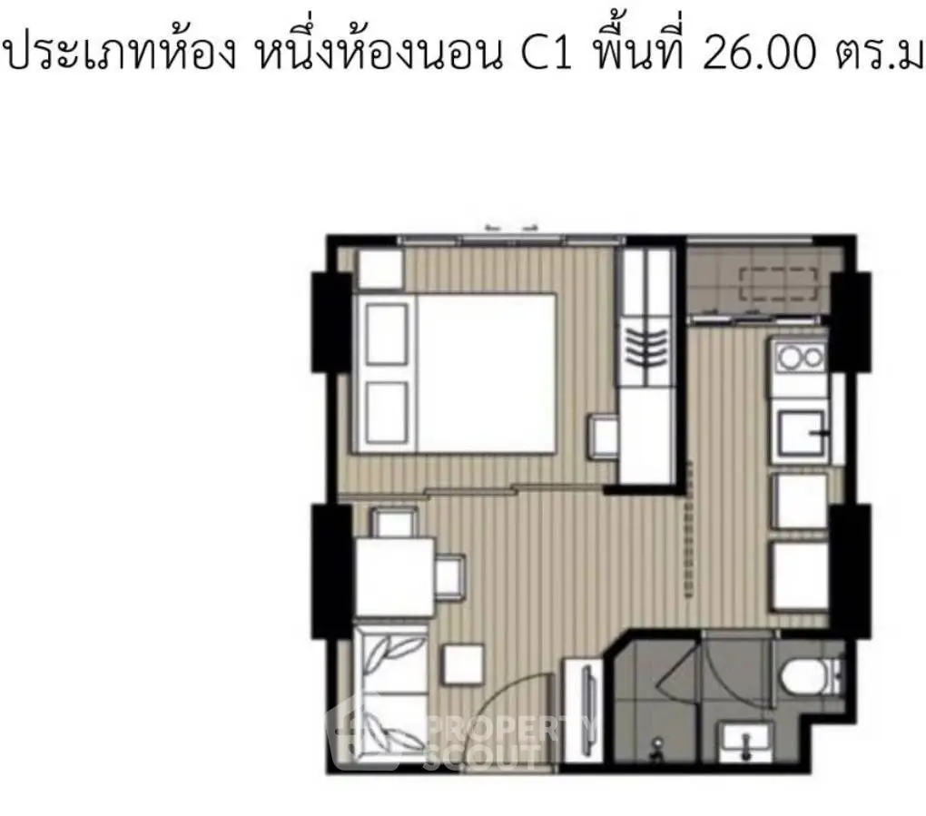 Compact one-bedroom apartment floor plan with efficient layout and modern amenities.