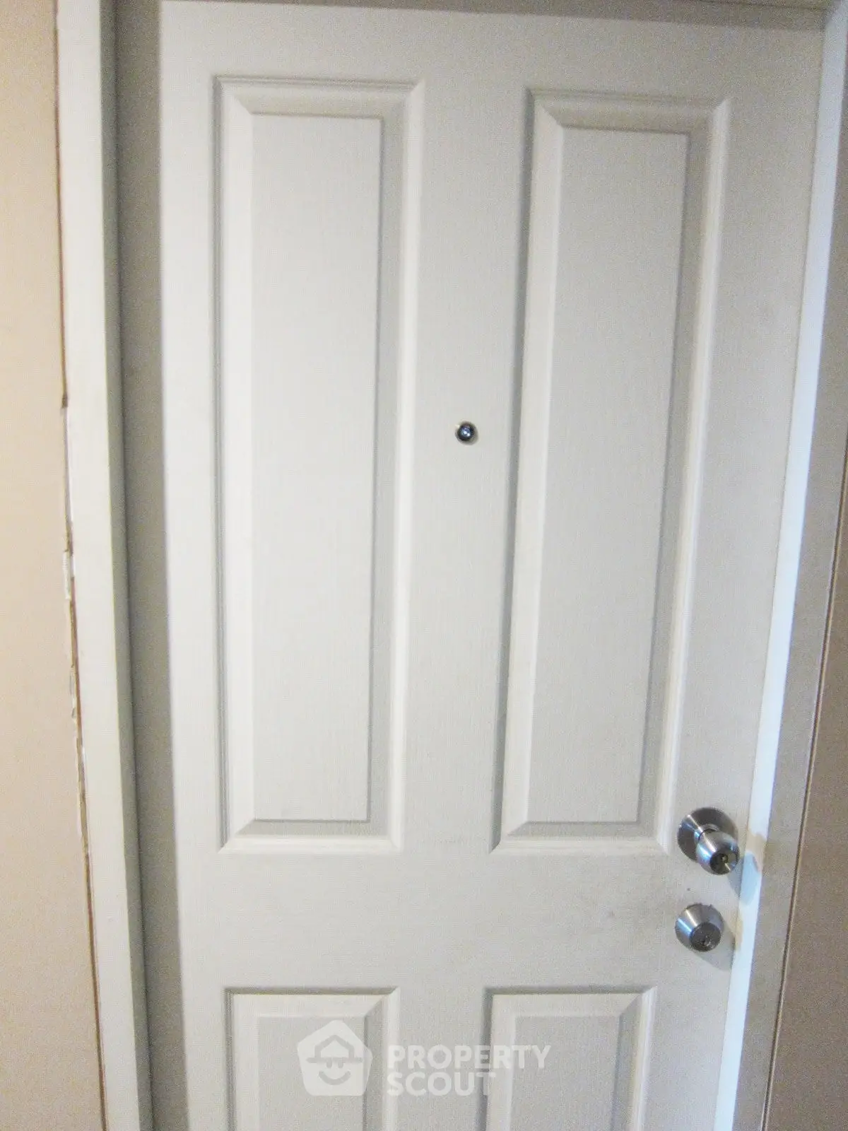 Sturdy white entrance door with peephole and dual locks, ideal for secure home entry.