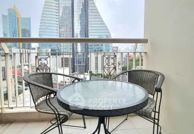 Chic urban balcony with modern furniture and stunning cityscape view.