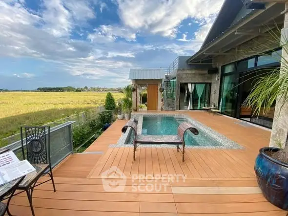 Luxurious rooftop terrace with private pool and stunning countryside view.