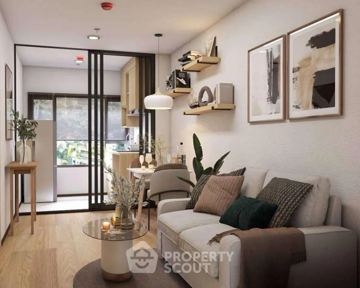 Modern living room with stylish decor and open kitchen layout