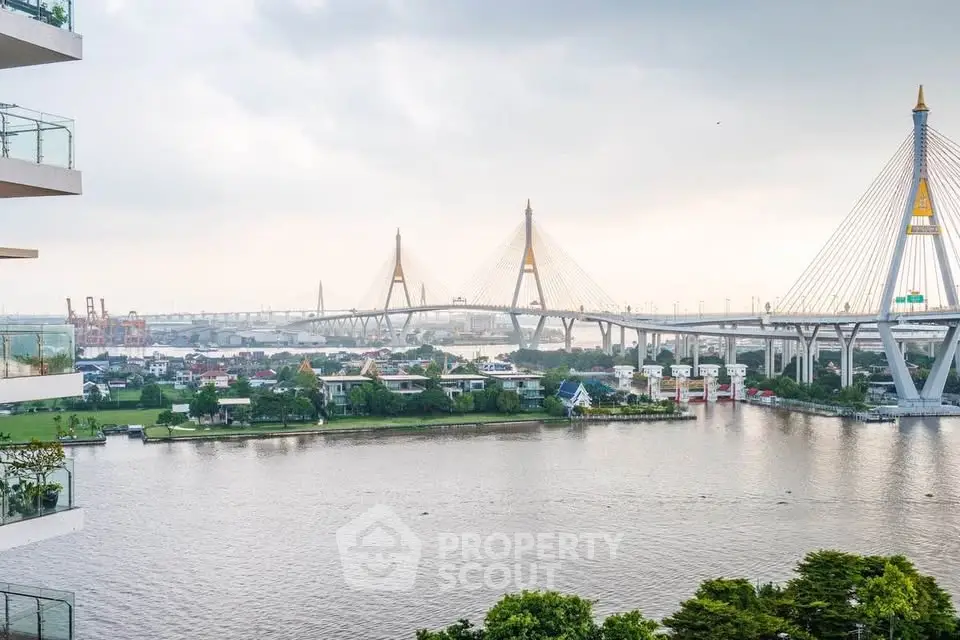 Stunning river view with iconic bridge from a high-rise balcony
