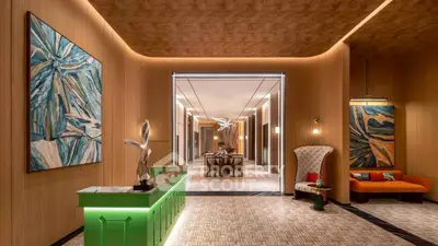 Luxurious modern living room with artistic decor and elegant lighting