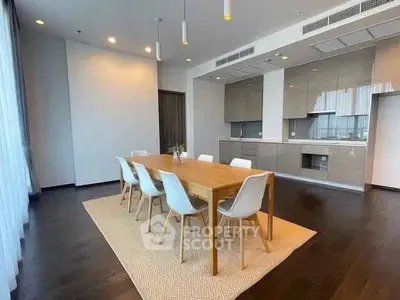 Spacious modern dining area with sleek kitchen and elegant wooden table, perfect for entertaining.