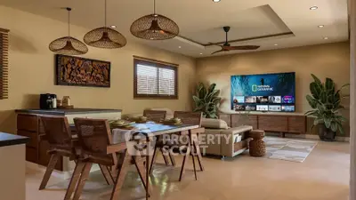Spacious living room with modern decor, wooden furniture, and large TV, perfect for relaxation and entertainment.