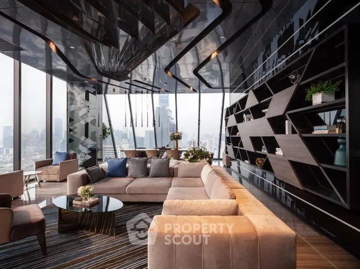 Luxurious modern living room with panoramic city views and stylish decor.