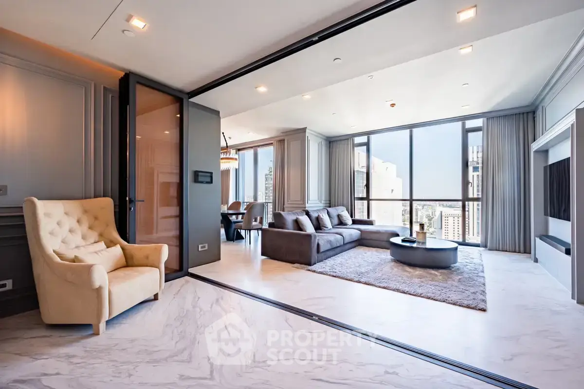 Luxurious modern living room with panoramic city views and elegant furnishings