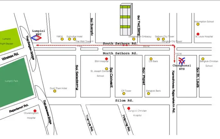 Map showing directions to a property near Lumpini Park in Bangkok