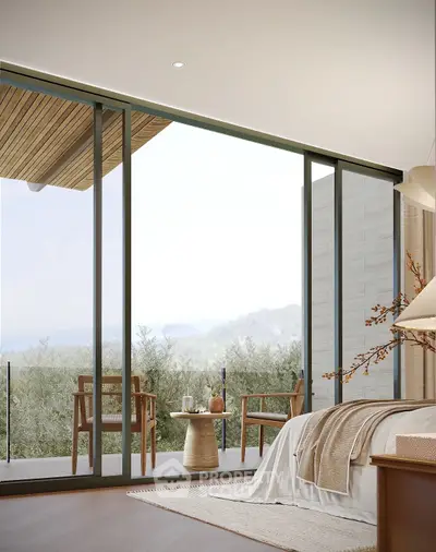 Luxurious bedroom with floor-to-ceiling windows and stunning balcony view, perfect for relaxation and comfort.