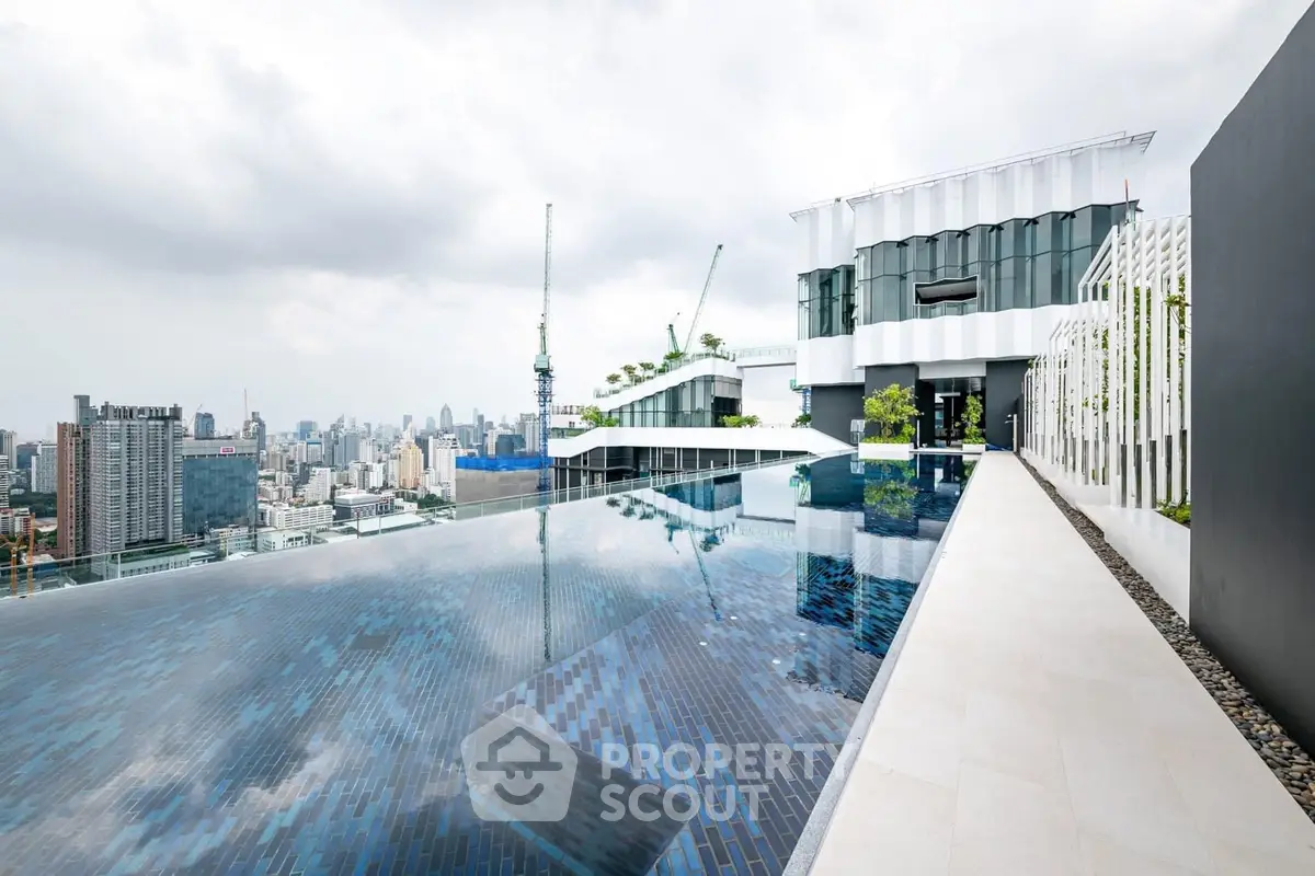Luxurious rooftop infinity pool with stunning city skyline view in modern high-rise building.