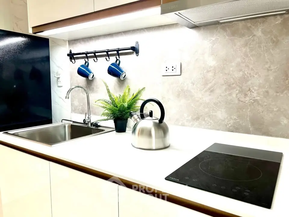 Modern kitchen with sleek induction cooktop and stylish backsplash