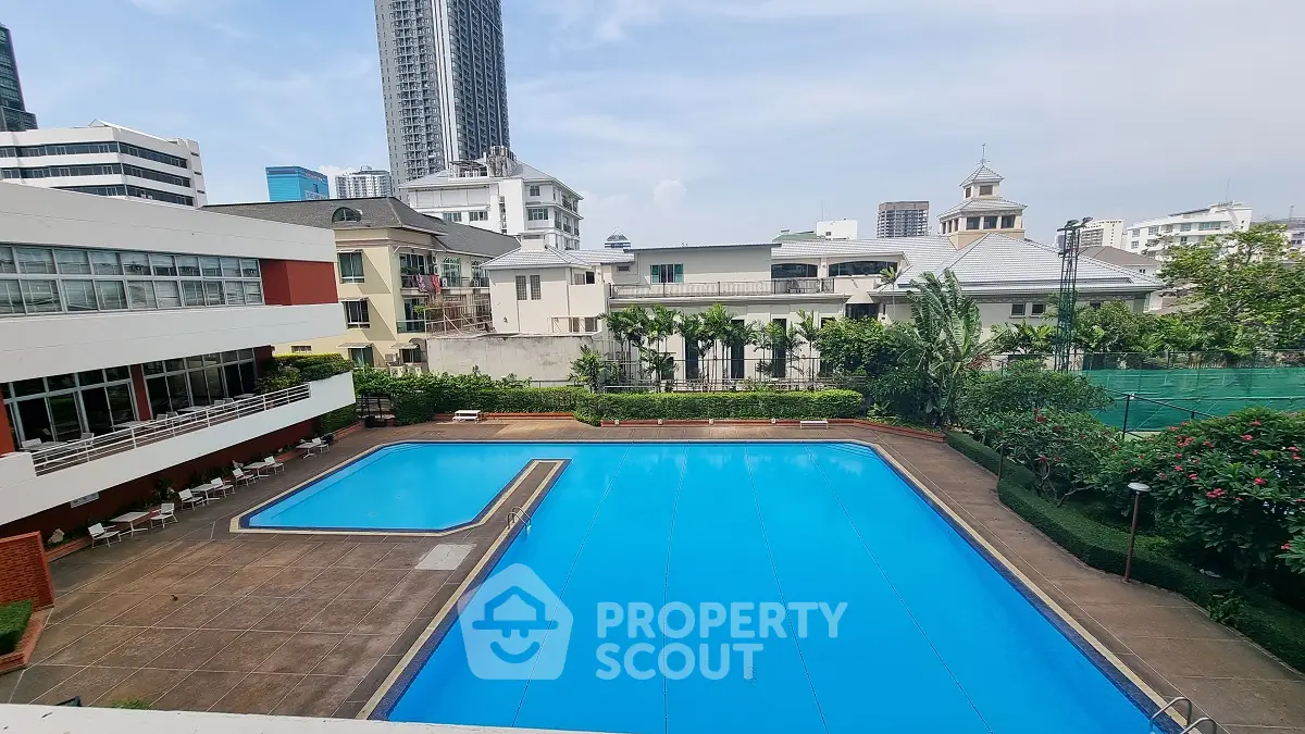 Luxurious residential pool with cityscape view, perfect for relaxation and leisure.