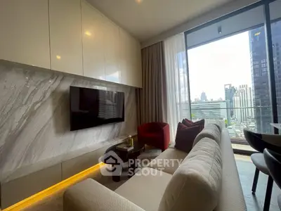 Luxurious modern living room with city view, elegant furnishings, and floor-to-ceiling windows.