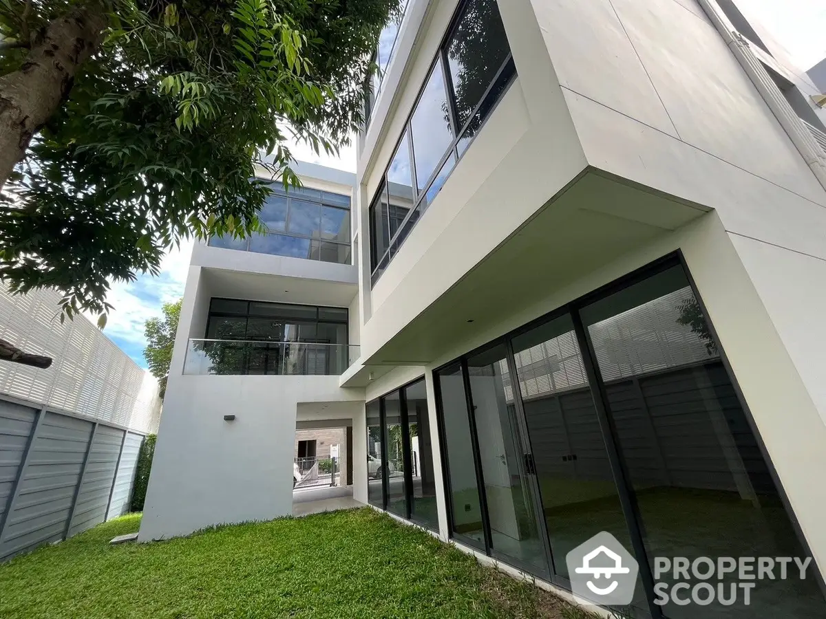 Modern luxury home with expansive glass windows and lush green lawn, showcasing a sleek white facade and contemporary design.