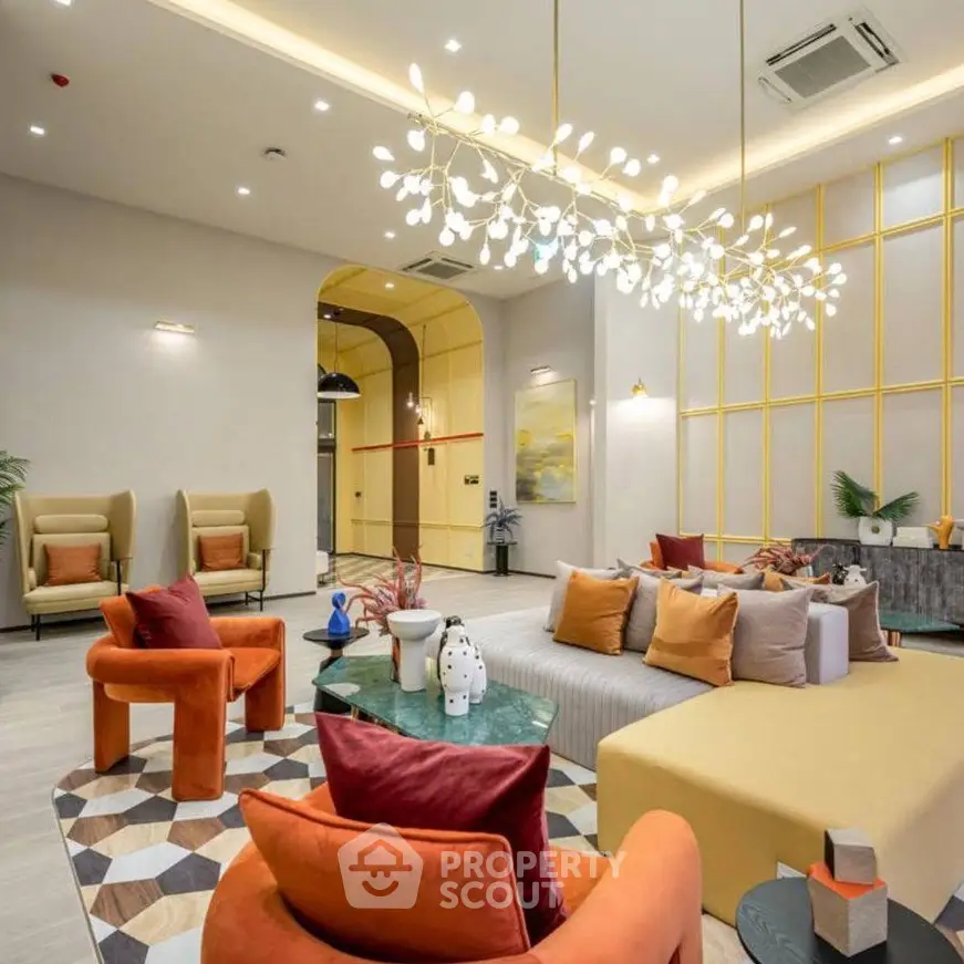 Luxurious modern living room with vibrant decor and elegant lighting