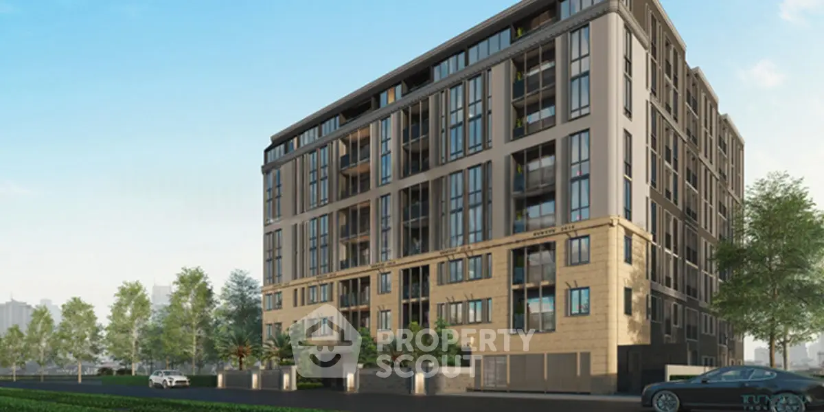 Modern multi-story residential building with large windows and landscaped surroundings.