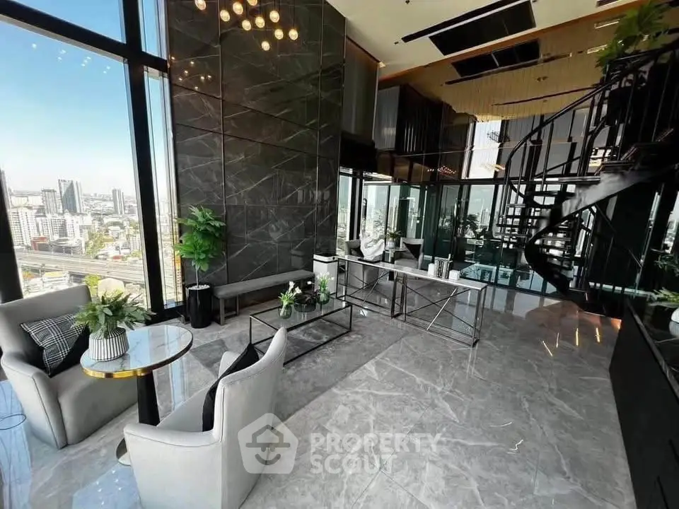 Luxurious high-rise living room with stunning city view and modern spiral staircase.