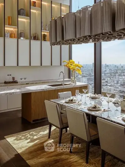 Luxurious dining area with panoramic city view and elegant decor