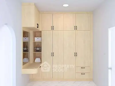 Modern storage room with custom wooden cabinetry and elegant design