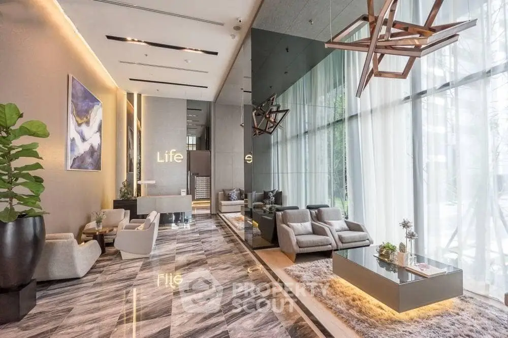Luxurious modern lobby with elegant decor and plush seating