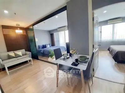 Modern apartment interior with cozy living room and elegant bedroom, featuring stylish decor and natural light.