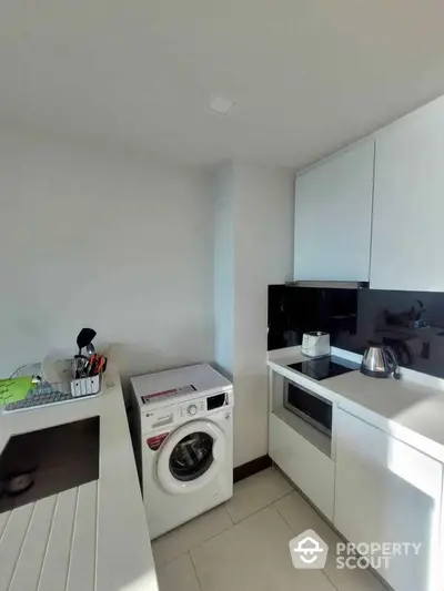 Modern kitchen with sleek white cabinets and built-in appliances