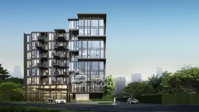 Modern multi-story building with glass facade and lush greenery, ideal for urban living.