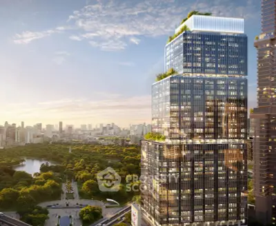 Stunning modern skyscraper with lush rooftop gardens overlooking a vibrant cityscape and park.