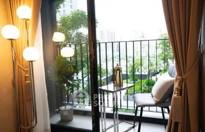Chic urban balcony with city view, cozy seating, and lush greenery, perfect for relaxation and enjoying the skyline.