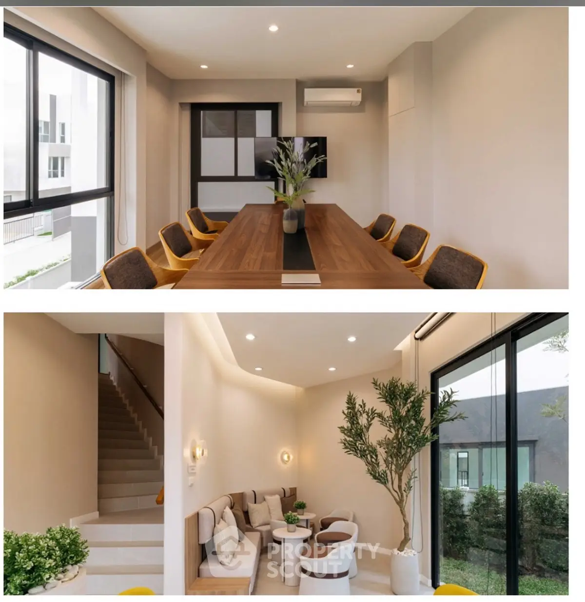 Modern living and dining area with elegant decor and large windows in a stylish home.