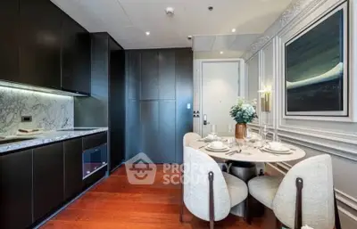 Luxurious modern kitchen with elegant dining area and marble countertops