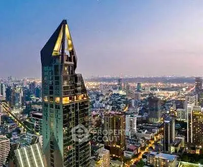 Stunning cityscape view with iconic skyscraper at dusk, showcasing urban luxury living.