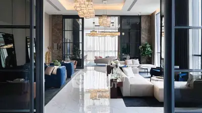Luxurious modern living room with elegant decor and spacious seating area