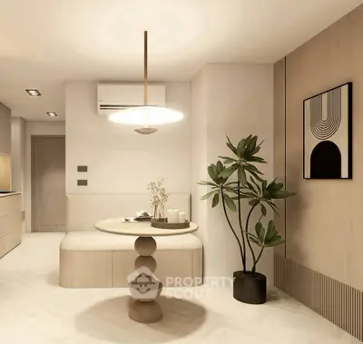 Modern minimalist living room with unique round table and stylish decor