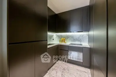 Modern kitchen with sleek dark cabinets and marble countertops