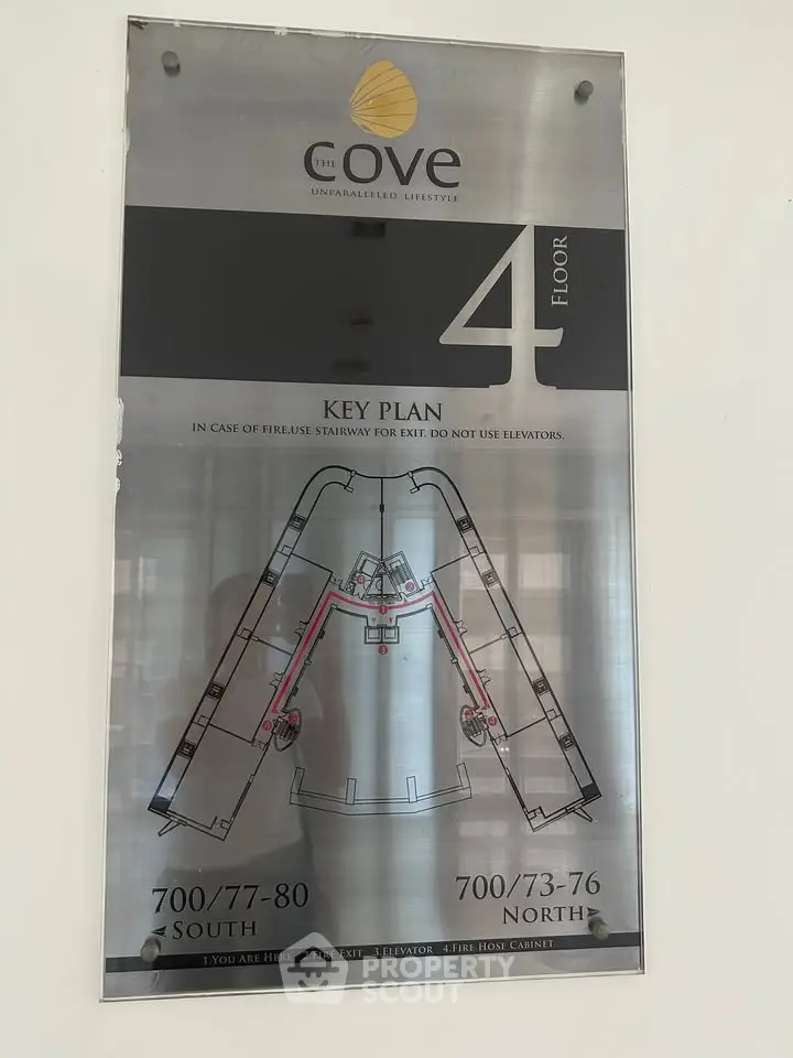Key plan for The Cove's 4th floor, showcasing fire escape routes and unit numbers.